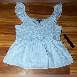 Almost Famous Eyelet Flutter-Sleeve Smocked babydoll Top Size L Light Blue